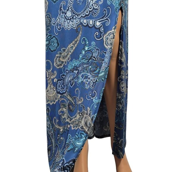 NWT Ariella Women's Mock/High Neck Sleeveless Blue Pattern Slit Maxi Dress Sz L - Picture 6 of 14